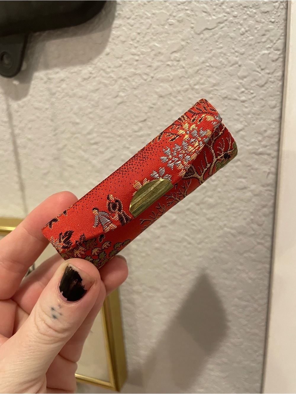 Vintage Red Floral Silk lipstick case with Gold Accent and mirror